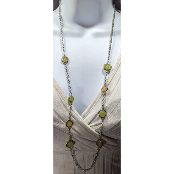 Loft Green And Yellow Gemmed Station Necklace On Silver Tone Rolo Chain - Picture 2 of 5